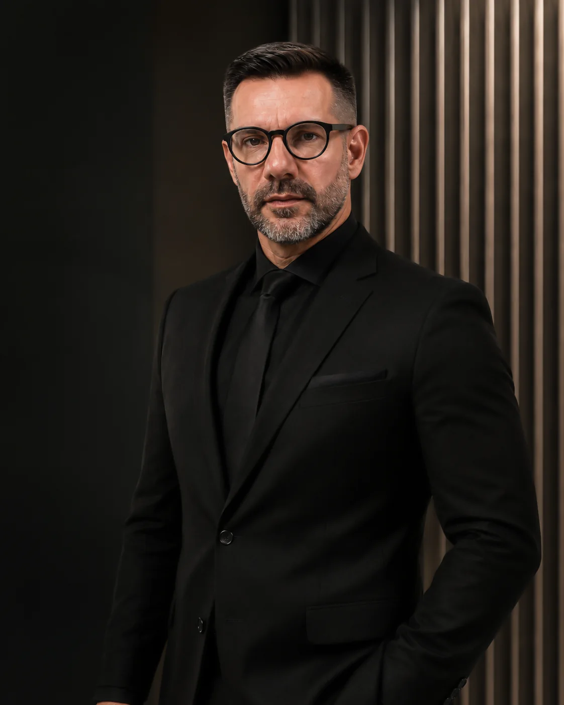 Retrato profissional de Rafael Carissimi em traje preto